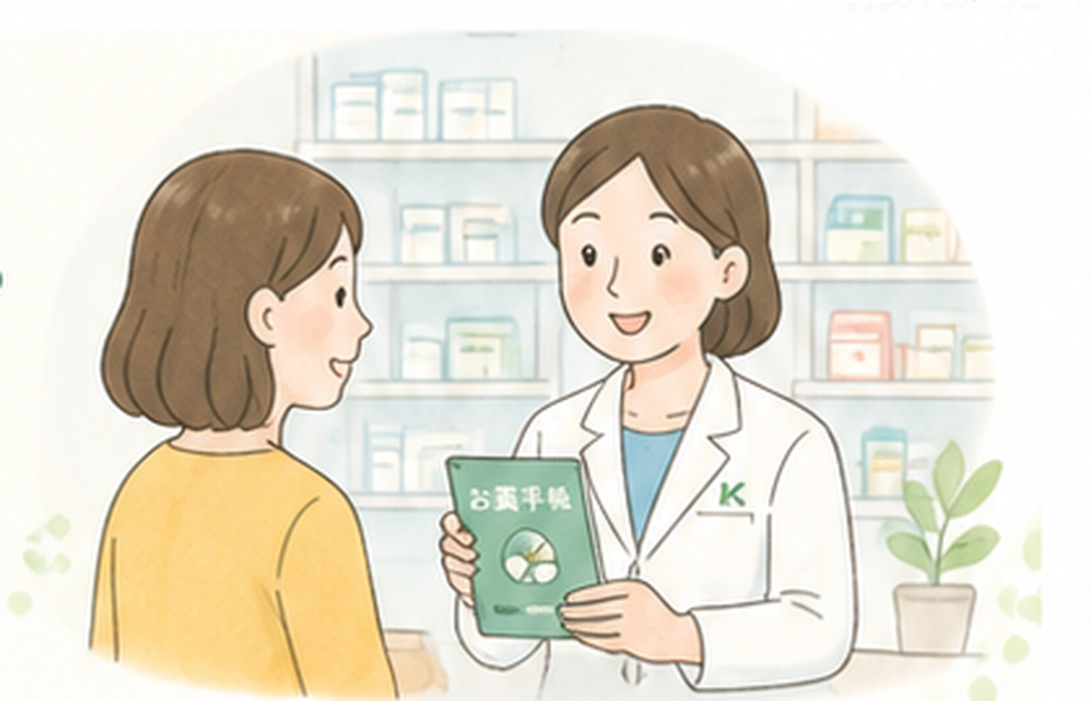 薬剤師にお薬手帳を見せて相談している様子